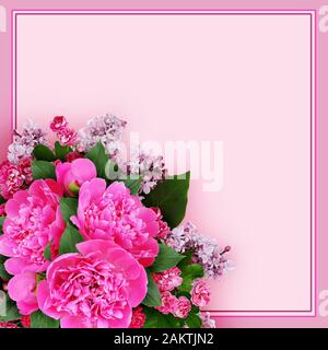 Pink peony, hawthorn and lilac flowers bouquet in a corner on pink background Stock Photo