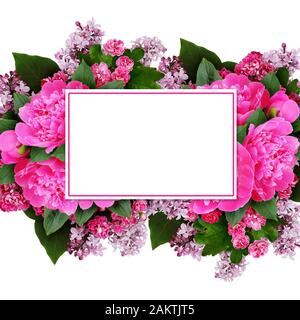 Pink peony, hawthorn and lilac flowers arrangement with a card isolated on white Stock Photo