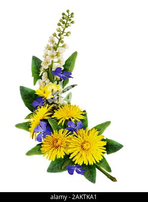 Dandelion, bird-cherry tree flowers and periwinkles arrangement isolated on white Stock Photo