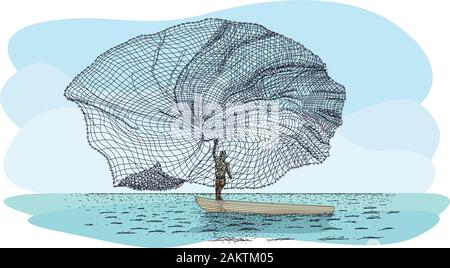 Artisanal fishing technique in river called Atarraya - Fishing net in  Spanish language: Silhouette of man on a small canoe throwing the fishing  net Stock Vector Image & Art - Alamy