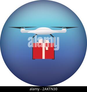 Drone flying on a white background and bears a gift, the red box. Illustration vector icon Stock Vector