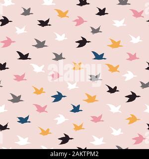 Childish Paslel Colored Crane Birds Japanese Seamless Pattern. Simple Birds Silhouettes for pillows print design, wallpapers, backdrops or fabric textile. Flying elegant swallows on pink Stock Vector