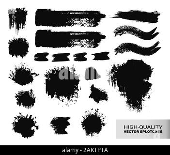 Inked Vector Paint Brush Strokes Set. Big Collection of Black Silhouettes, Paintbrushes, Hand-made Acrylic Wet Blot and Dry Paint Splatters and Waves, Grunge Smear and Dynamic Textured Splotches Stock Vector