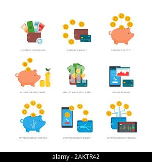 Currency, cryptocurrency and finance concepts: savings, investment, wallet, deposit, online banking and management Stock Vector