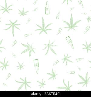 Vector green cannabis leaves and CBD oil glass dropper bottles design. Seamless line art pattern on white background. Perfect for health, medical Stock Vector