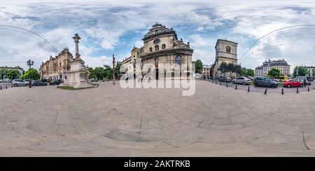 360 degree panoramic view of LVIV, UKRAINE - AUGUST 2019: Full spherical seamless hdri panorama 360 degrees near old baroque uniate Bernardin Cathedral in equirectangular projecti