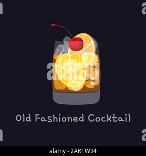 Tasty alcoholic old fashioned cocktail with orange slice, cherry, and lemon peel garnish with ice cubes, isolated on black background. Vector Stock Vector