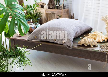 natural eco-friendly linen bed in the interior Stock Photo