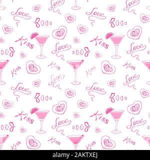 Seamless pattern with coctails and hand drawing sketches for Valentine's Day, can be printed on textile, wallpaper, wrapping paper, greeting cards, used in logo, banner, landing page. Vector Illustration. EPS10 Stock Vector