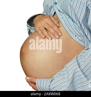 Pregnant woman in striped shirt isolated on white Stock Photo