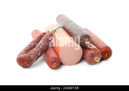 Heap of different sausages isolated on white background Stock Photo