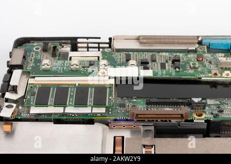 Close up of  laptop memory 64 MB SDRAM 144 pin SO-DIMM 66 MHz in laptop motherboard Stock Photo