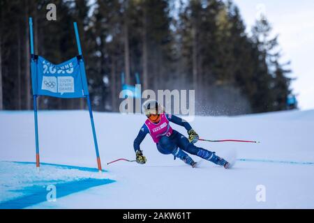 Team GB alpine skier, Daisi Daniels (17), during the Lausanne 2020 Women's Super G Downhill Skiing At Les Diablerets Alpine Centre In Switzerland. Stock Photo