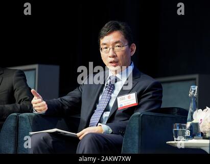 (200110) -- NEW YORK, Jan. 10, 2020 (Xinhua) -- Xu Gao, chief economist of Bank of China International Ltd, speaks at a panel themed on 'Forecast of China's Economy for 2020' in New York, the United States, Jan. 9, 2020. China is capable of maintaining steady economic growth in the year to come and beyond, buoyed by multiple driving forces, despite mounting downward pressure, economists have said. Themed on 'Forecast of China's Economy for 2020,' the panel held in New York on Thursday featured a group of leading Chinese and American economists, who shared their insights on macro-economic tr Stock Photo