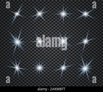 Stars set on transparent background. Blur stardust is glittering. Collection of sparkling white lights. Bright shining beams. Xmas glare and glitter Stock Vector