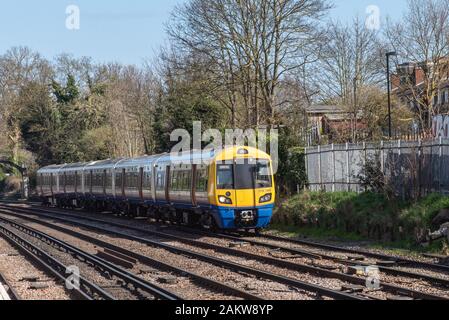 LONDON, UK - 24MAR2019: London Overground Class 378 train number 378149 arriving at Sydenham Station, South London. Stock Photo