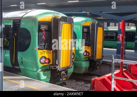 LONDON, UK - 24MAR2019: Southern Railways class 377 trains number 377612 and 377621 at London Bridge Station. Stock Photo