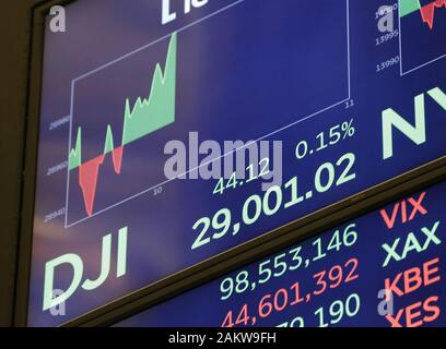 New York, United States. 10th Jan, 2020. A board on the floor of the New York Stock Exchange shows the Dow Jones Industrial Average at over 29,000 after the opening bell on Wall Street in New York City on Friday, January 10, 2020. The DJIA hit 29,000 for the first time ever early in the trading day. Photo by John Angelillo/UPI Credit: UPI/Alamy Live News Stock Photo