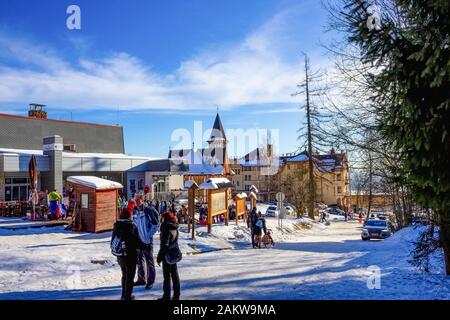 Stary Smokovec, Slovakia - January 01, 2020: Funicular railway at High Tatras mountains in Slovak republic. Rail cable car leads from Stary Smokovec t Stock Photo