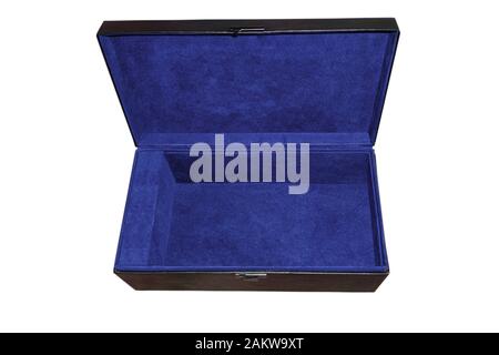 Opened big black box on white isolated background. Blue fabric inside finishing. Top perspective view. Luxury gift latch chest leather covered Stock Photo