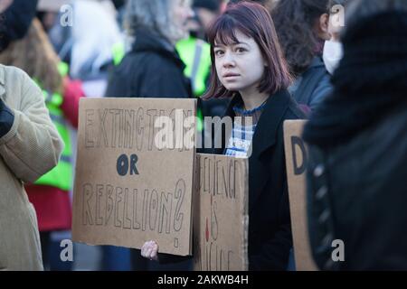 London, UK, Friday 10 Jan 2020: Extinction Rebellion protestors outside the Australian HIgh Commission on the Strand in London, demanding more action from the Australia government and Prime Minister Scott Morrison to reduce climate change and provide a professional fire brigade to combat the bushfires currently ravaging the Australian countryside. Credit Anna Watson/Alamy Live News Stock Photo