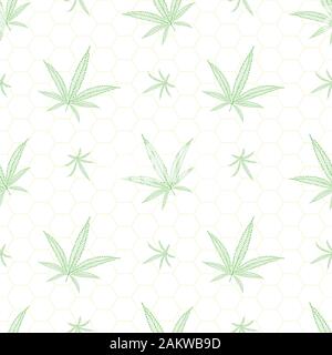 Green vector hand drawn cannabis leaves in all over print design. Seamless pattern on pastel yellow and white honeycomb background. Perfect for Stock Vector