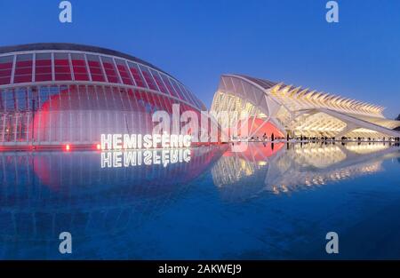 Valencia, Spain: The Hemisfèric and Science Museum in the City of Arts and Sciences night scene Stock Photo