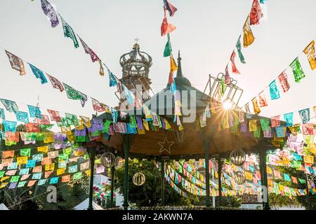 Mexico, Puerto Vallarta, Jalisco, bandstand decorated for a festival at sunrise Stock Photo