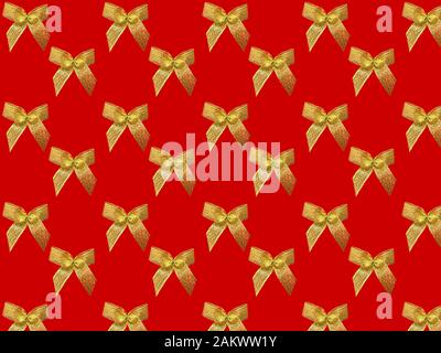Gold bows on a red background. Seamless pattern from photo bows. Blank for wrapping paper. Stock Photo