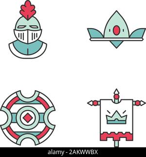 Medieval color icons set. Helmet, royal crown, battle shield, king flag Isolated vector illustrations Stock Vector