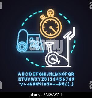 Fitness neon light concept icon. Sports training idea. Gym. Stationary bicycle, yoga carpet with dumbbells, stopwatch. Glowing sign with alphabet, num Stock Vector