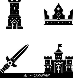 Medieval glyph icons set. Castle tower, king crown, metal sword, lord castle. Silhouette symbols. Vector isolated illustration Stock Vector