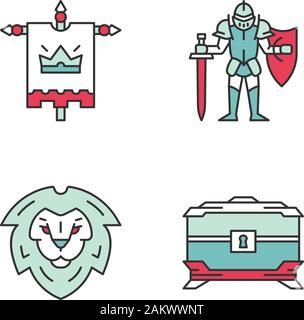 Medieval color icons set. King flag, lion head shield, treasure chest, knight in full suit of armor with sword and shield. Isolated vector illustratio Stock Vector