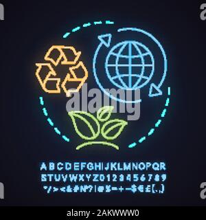 Environment protection neon light concept icon. Nature saving idea. Eco conservation. Planet. Ecology. Glowing sign with alphabet, numbers and symbols Stock Vector