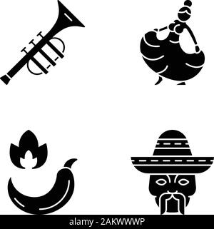 Mexican culture glyph icons set. Latin music, food, people, dance. Trumpet, woman dancer, hot pepper, head with mustache and sombrero. Silhouette symb Stock Vector