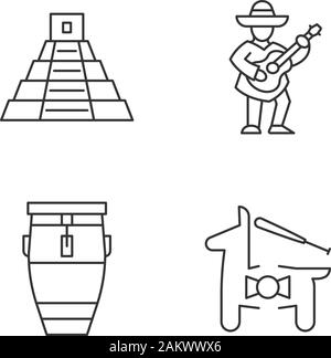 Mexican culture linear icons set. Cinco de Mayo festival. Mexican pyramide, guitar player, conga drum, pinata. Thin line contour symbols. Isolated vec Stock Vector