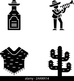 Mexican culture glyph icons set. National drink, music, clothes, plant. Tequila, musician with trumpet, poncho, saguaro cactus. Silhouette symbols. Ve Stock Vector