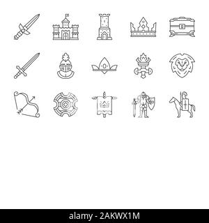 Medieval linear icons set. Knights and accessiries. Kingdom. Thin line contour symbols. Isolated vector outline illustrations. Editable stroke Stock Vector