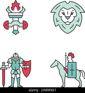 Medieval color icons set. Burning torch, lion head shield, knight in full armor, horse knight with flag and lance. Isolated vector illustrations Stock Vector