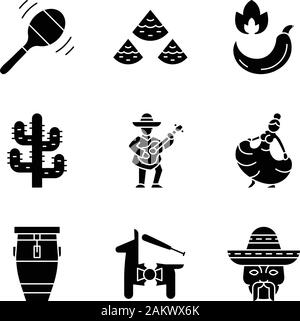 Mexican glyph icons set. Latin american national music, dance, food, nature, fun, people. Cinco de Mayo festival. Silhouette symbols. Vector isolated Stock Vector