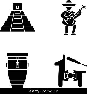 Mexican culture glyph icons set. Latin America attractions, entertainment. Cinco de Mayo festival. Mexican pyramide, guitar player, conga drum, pinata Stock Vector