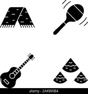 Mexican culture glyph icons set. Traditional clothes, music, food. Serape, maraca, guitar, nachos. Silhouette symbols. Vector isolated illustration Stock Vector