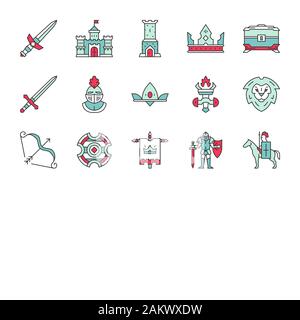 Medieval color icons set. Knights and weapon. Royal regals. Kingdom. Isolated vector illustrations Stock Vector