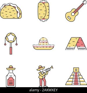 Mexican color icons set. Cinco de Mayo. Traditional food, drink, music, clothes, attractions. Taco, burrito, guitar, drum, man with trumpet, pyramid, Stock Vector