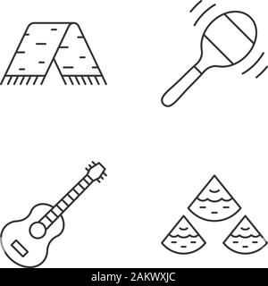 Mexican culture linear icons set. National clothes, music, food. Serape, maraca, guitar, nachos. Thin line contour symbols. Isolated vector outline il Stock Vector