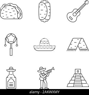 Mexican linear icons set. Cinco de Mayo festival. Traditional food, drink, music, clothes, attractions. Thin line contour symbols. Isolated vector out Stock Vector