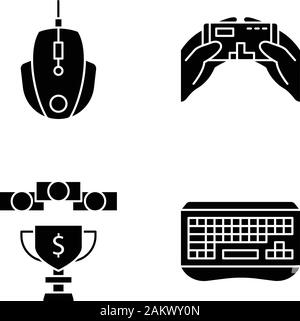 Esports glyph icons set. Gaming keyboard and mouse. Mobile game. Prize money. Silhouette symbols. Vector isolated illustration Stock Vector