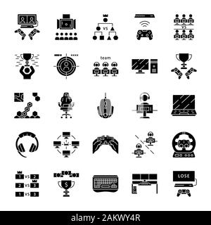 Esports glyph icons set. Gaming device and gadgets. Video game tournaments. Silhouette symbols. Vector isolated illustration Stock Vector