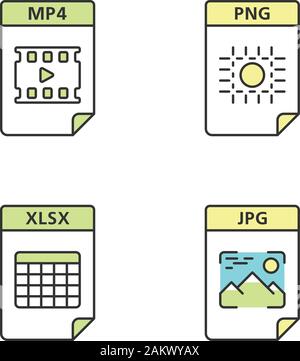 Files format color icons set. Multimedia, image, spreadsheet files. MP4, PNG, XLSX, JPG. Isolated vector illustrations Stock Vector
