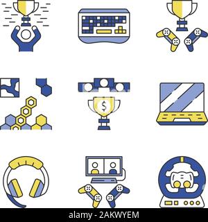 Esports color icons set. Gaming gadgets and accessories. Winner cup. Strategy game. Gamer hardware. Isolated vector illustrations Stock Vector